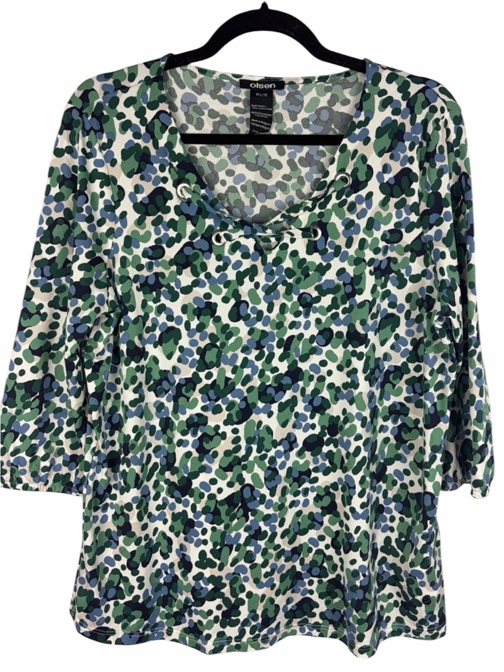 Olsen Size 12 Green Blue Abstract Lace Up Grommet Top